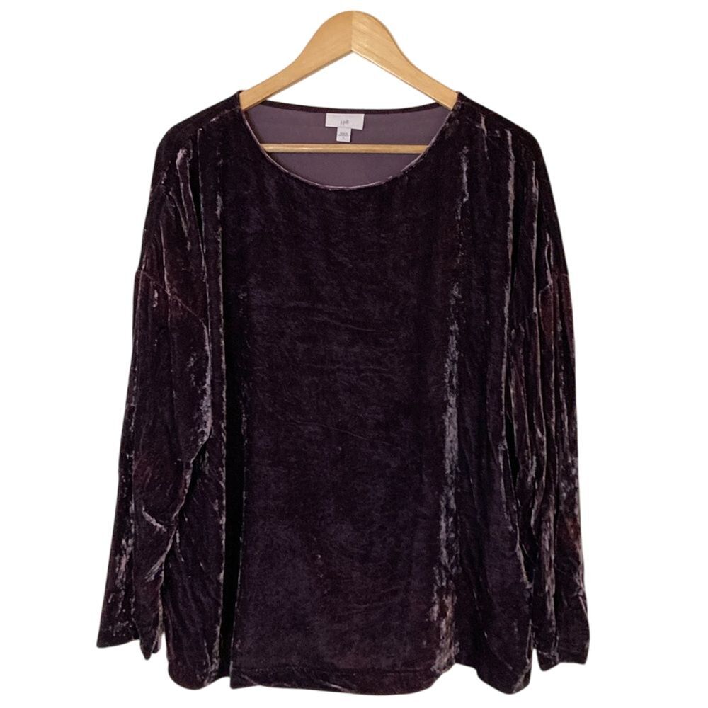 J Jill Womens Pullover Long Sleeve Velour Silk Blend Blouse Large Purple Dressy